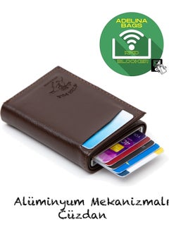 Adelina Bags Men's Dark Brown Leather Mechanism Automatic Slide Card Holder Wallet (7CMX10CM)  - Image 1