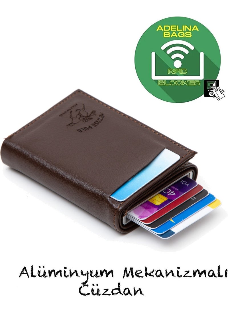 Adelina Bags Men's Dark Brown Leather Mechanism Automatic Slide Card Holder Wallet (7CMX10CM)  - Image 1