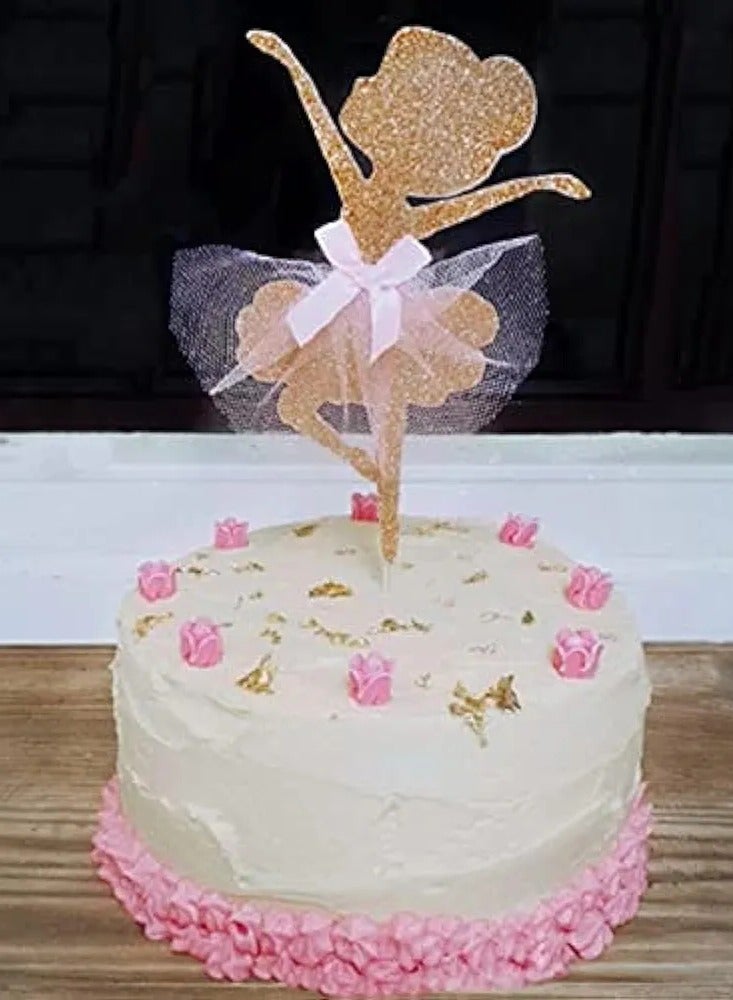 Ballerina Card Cutout Cake Topper with Tutu Tulle Skirt for Birthday or Baby Shower Kids Party Supplies (Golden) 