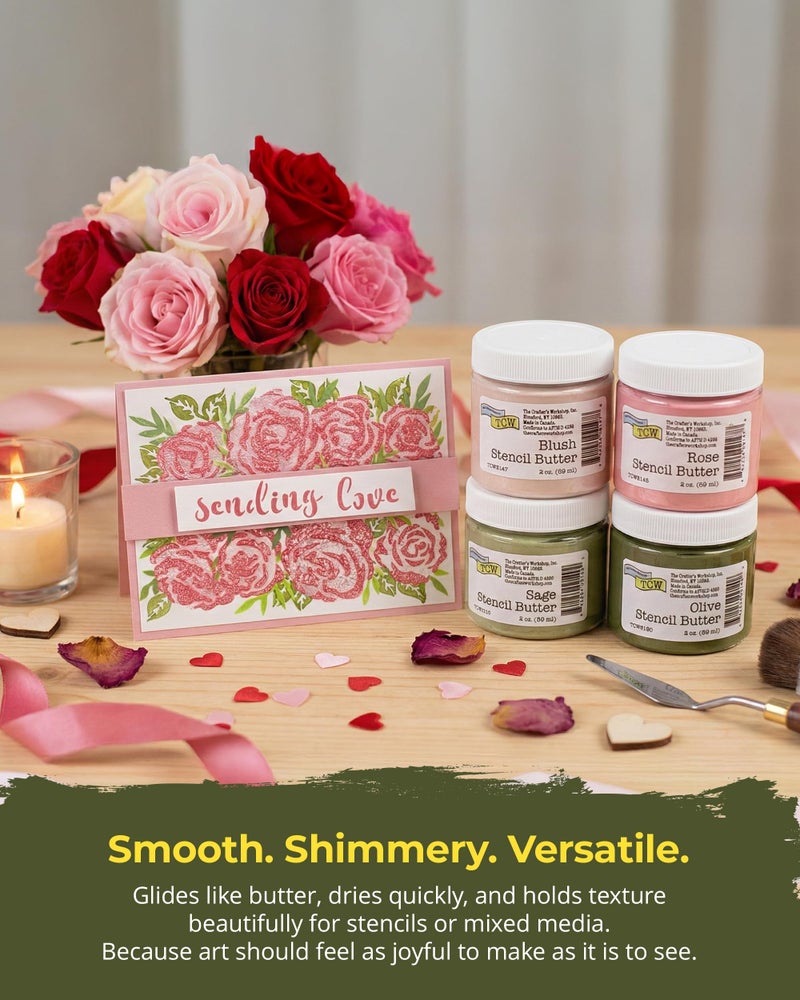 The Crafter's Workshop Stencil Butter Medium, Easy-to-Spread, Adds Shimmer, Shine and Colorful Texture, Cleans Up with Water, 4 pk, 2-oz Each, Petals and Herbs - Image 3