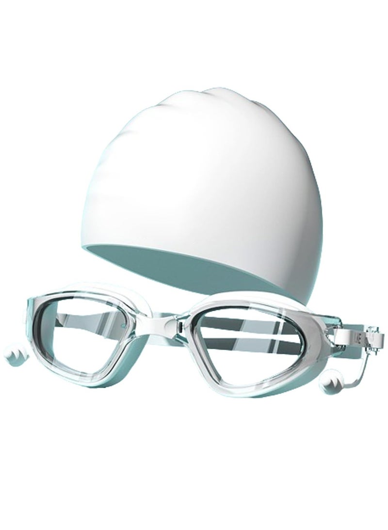 VUCATIN Swim Goggles Swim Cap Anti Fog Swimming Goggles with Clear Lens No Leak UV Protection with Earplugs (White) - Image 1