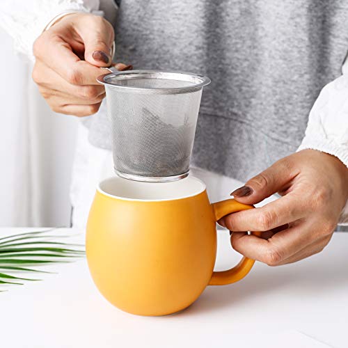 Yundu 12 OZ Matte Yellow Ceramics Teacup with Infuser and Lid, Mug with Lid for Steeping - Stainless Steel Infuser for Loose Leaf Tea, Home Office Gift for Tea Lovers - Image 4