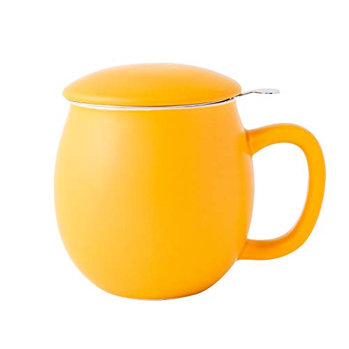 Yundu 12 OZ Matte Yellow Ceramics Teacup with Infuser and Lid, Mug with Lid for Steeping - Stainless Steel Infuser for Loose Leaf Tea, Home Office Gift for Tea Lovers - Image 1