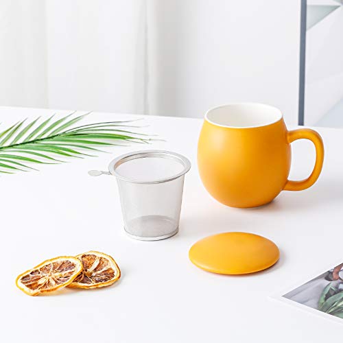 Yundu 12 OZ Matte Yellow Ceramics Teacup with Infuser and Lid, Mug with Lid for Steeping - Stainless Steel Infuser for Loose Leaf Tea, Home Office Gift for Tea Lovers - Image 5