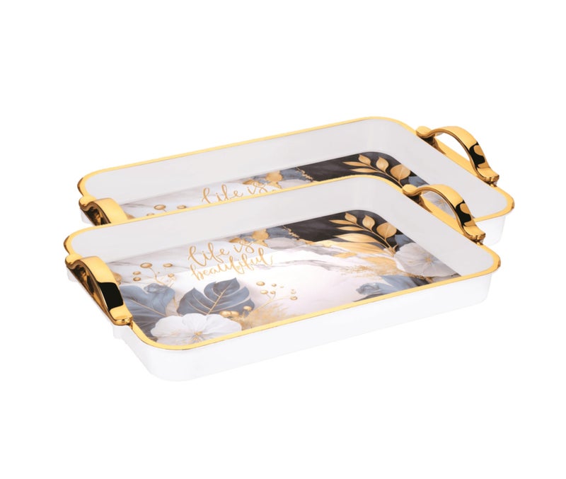 Nabhya Glamour 2pc Set Flower Printed Serving Tray Plastic Material BPA Free Tray with Handle for Tea,Coffee,Snack,Kitchen & Dining Table Home Décor (White, Small - 2 Pieces) - Image 1