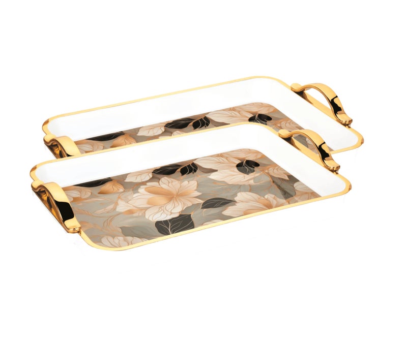 Nabhya Glamour 2pc Set Flower Printed Serving Tray Plastic Material BPA Free Tray with Handle for Tea,Coffee,Snack,Kitchen & Dining Table Home Décor (White, Small - 2 Pieces) - Image 2