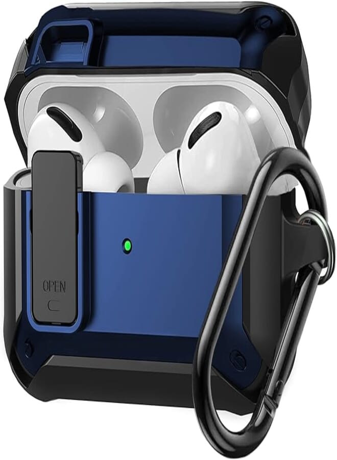 Olytop for Airpods Pro 2 Case Cover with Lock Lid, Armor Rugged Case for Apple Airpod Pro 2nd/1st Generation Case Shockproof Protective Skin Shell 2019/2022 with Carabiner for Women Men Black/Blue
