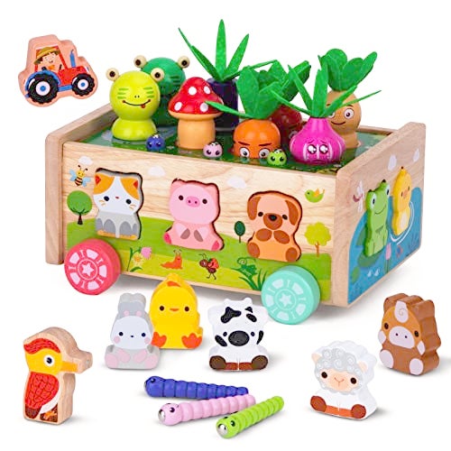 KMTJT Montessori Wooden Toddler Toys for 1 2 3 Years Old Boys Girls Shape Sorting Toys First Birthday Gifts for 12 Years Wood Animal Farm Car Preschool Educational Fine Motor Skills Toy - Image 1