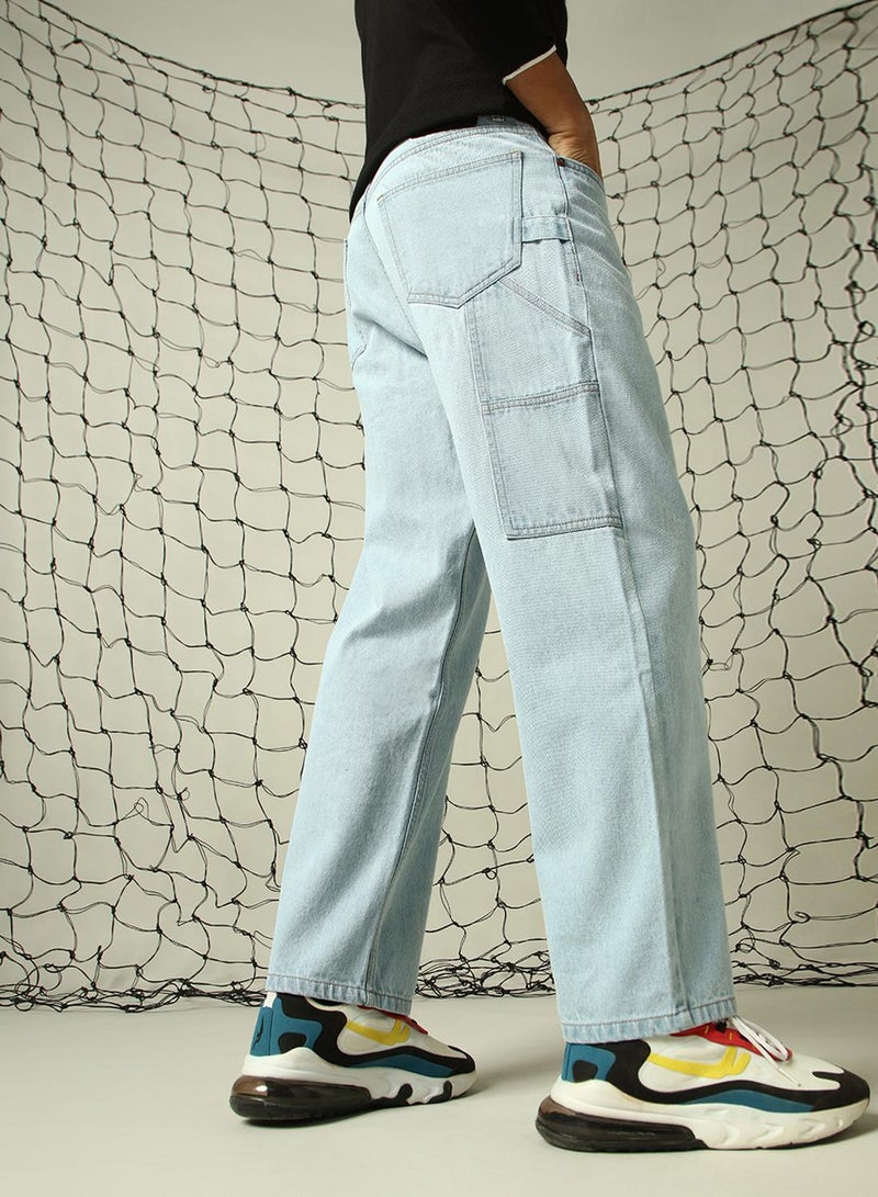 Hubberholme Men's Light Blue 100% Cotton Distressed Full Length Loose Fit Jeans  - Image 5