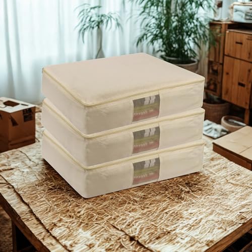 Gowloz Cotton Saree Storage Bags Set of 3, 43 x 39.5 x 11.5 cm | Breathable Clothes Organizer with Zipper | Wardrobe Storage Bags for Sarees, Blankets, Dresses & Garments - Image 1