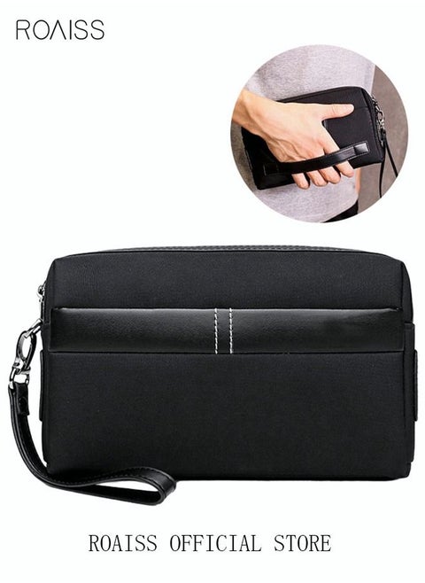 Casual Classic Clutch Bag Portable Large Capacity Lightweight Wallet Business Waterproof Oxford Canvas Zipper Card Holder with Wrist Strap for Men Travel Black