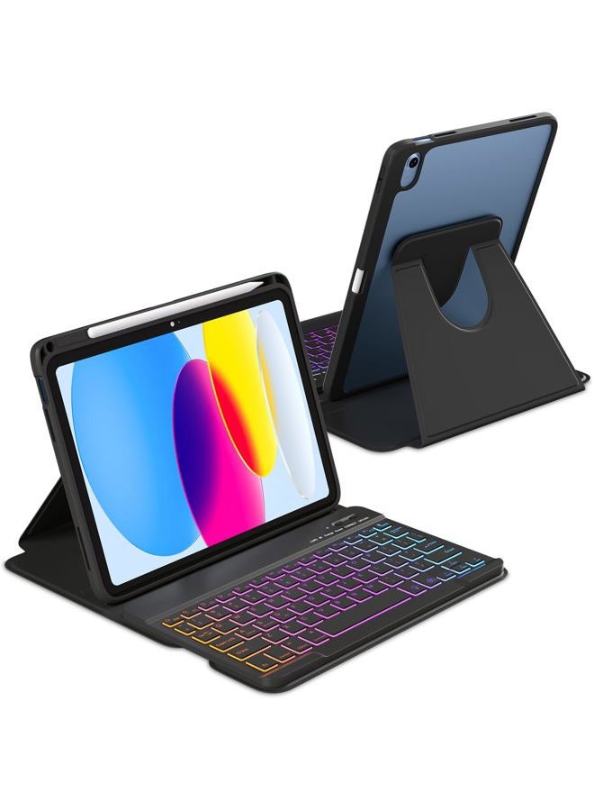 MMK for iPad 11th 10th Generation with Keyboard,iPad A16 Case with Keyboard, 7 Colors Backlit Wireless Removable, 360 Degree Rotating ipad A16 Case with Pencil Stand -Black - Image 1