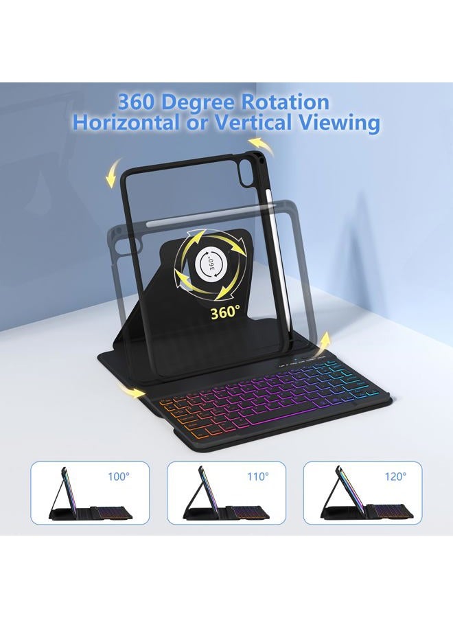 MMK for iPad 11th 10th Generation with Keyboard,iPad A16 Case with Keyboard, 7 Colors Backlit Wireless Removable, 360 Degree Rotating ipad A16 Case with Pencil Stand -Black - Image 3
