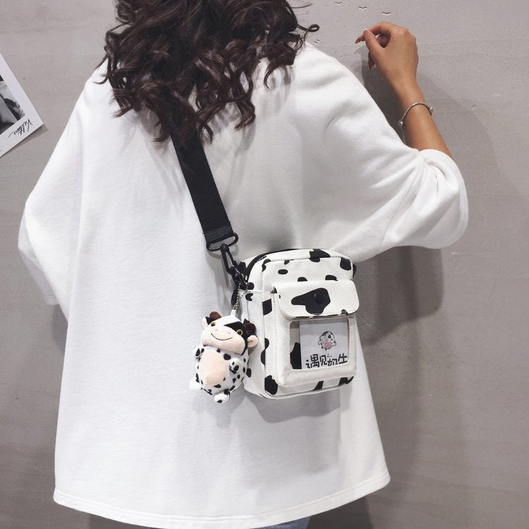 Korean Style Ins Funny Personalized Contrast Color Cow Polka Dot Girl Student Canvas Small Bag Japanese Style Cute Crossbody Bag - Image 2
