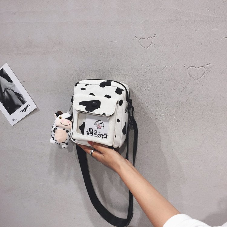Korean Style Ins Funny Personalized Contrast Color Cow Polka Dot Girl Student Canvas Small Bag Japanese Style Cute Crossbody Bag - Image 3
