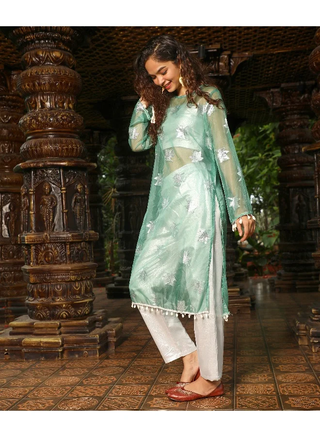 QISSA Women's Jade Green Maple Leaf Kurta With Crop And Trousers
