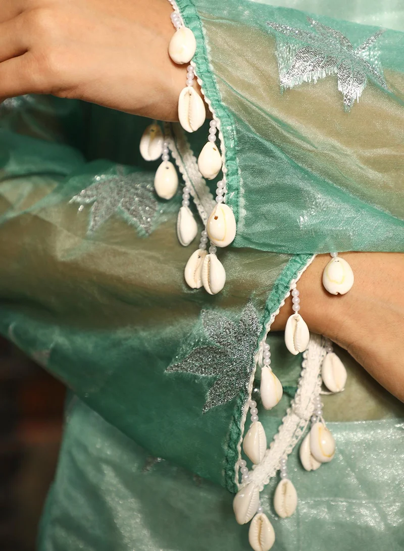QISSA Women's Jade Green Maple Leaf Kurta With Crop And Trousers