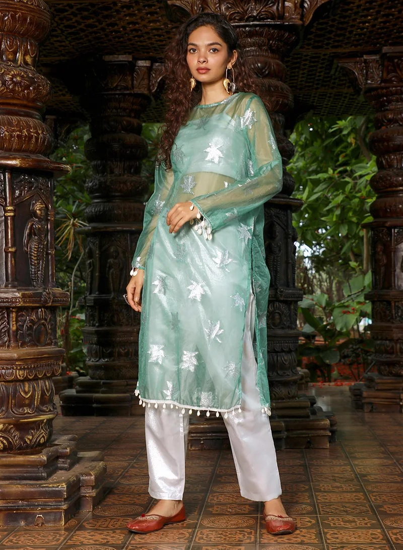 QISSA Women's Jade Green Maple Leaf Kurta With Crop And Trousers