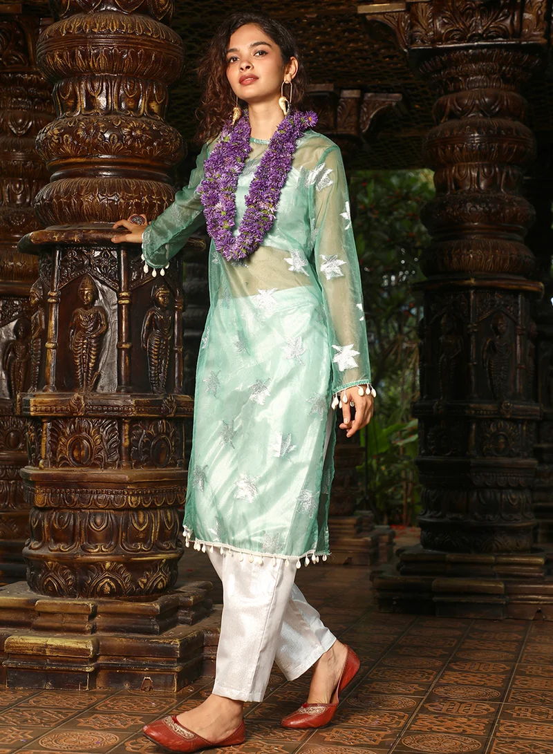 QISSA Women's Jade Green Maple Leaf Kurta With Crop And Trousers