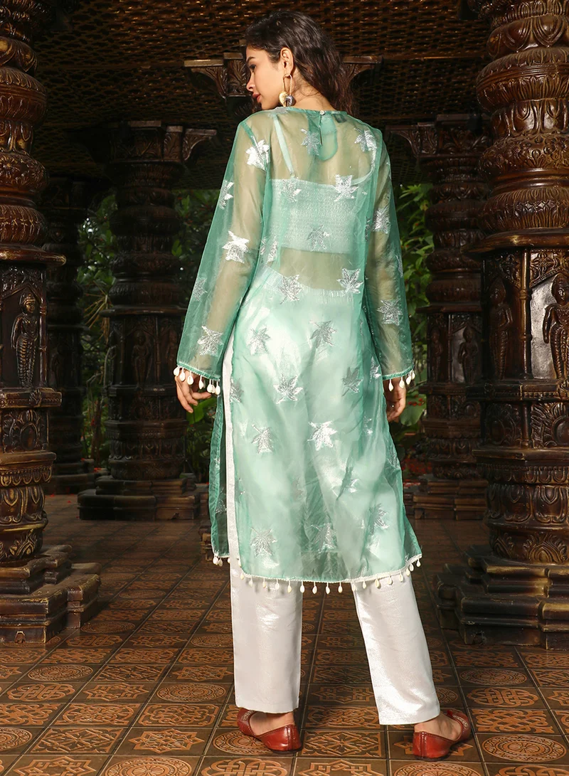 QISSA Women's Jade Green Maple Leaf Kurta With Crop And Trousers