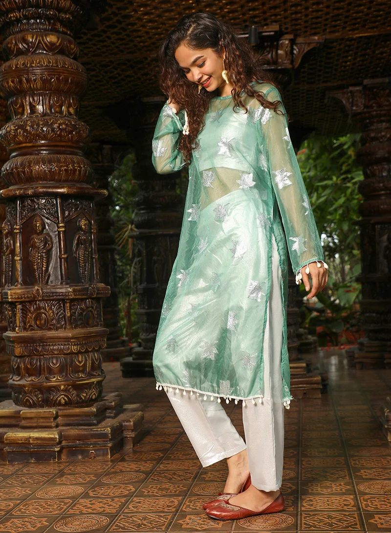 قصة Women's Jade Green Maple Leaf Kurta With Crop And Trousers