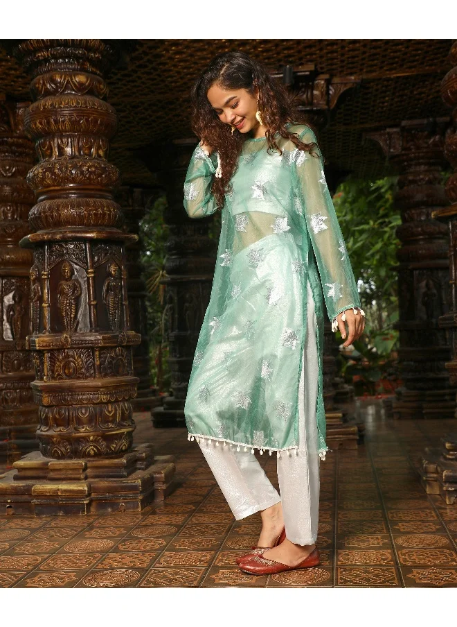 QISSA Women's Jade Green Maple Leaf Kurta With Crop And Trousers