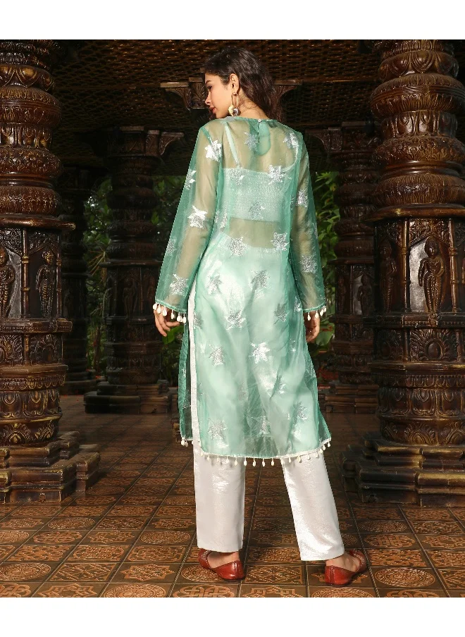 QISSA Women's Jade Green Maple Leaf Kurta With Crop And Trousers