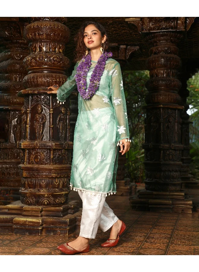 QISSA Women's Jade Green Maple Leaf Kurta With Crop And Trousers