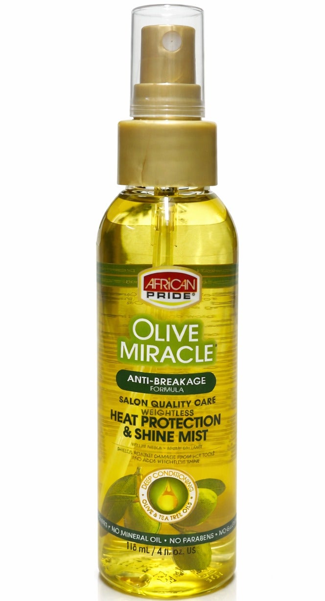 African Pride Olive Miracle Heat Protection & Shine Mist 118ml | Anti-Breakage Weightless Hair Mist with Olive Oil & Tea Tree Oil for Heat Styling, Frizz Control and Shine - Image 1