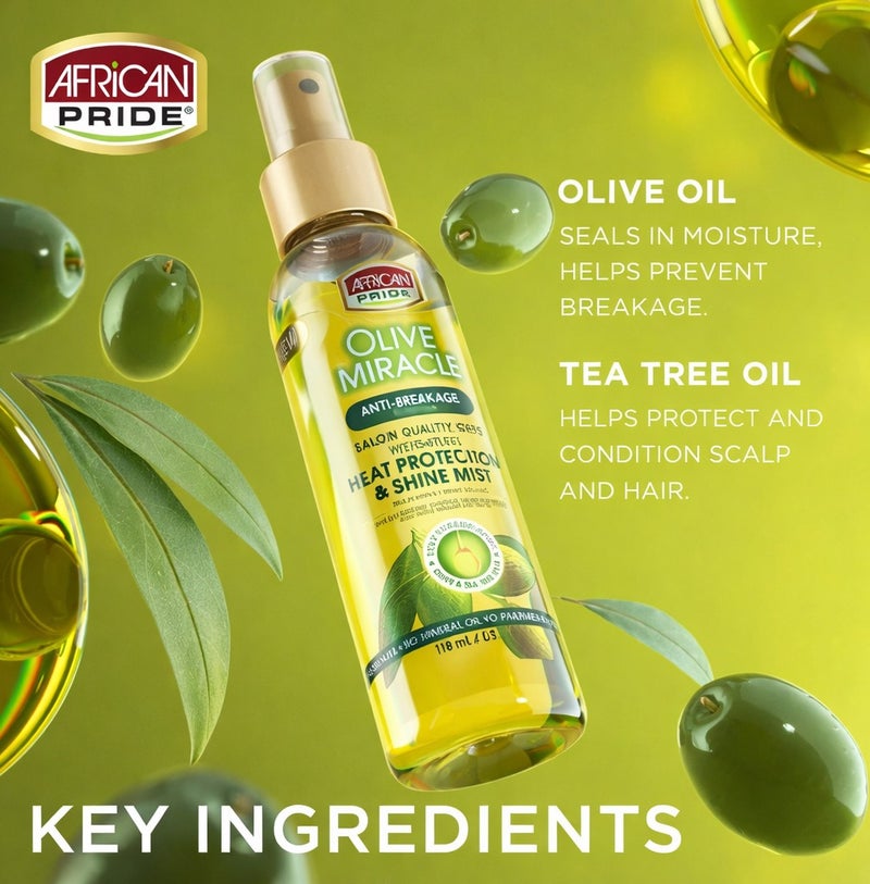 African Pride Olive Miracle Heat Protection & Shine Mist 118ml | Anti-Breakage Weightless Hair Mist with Olive Oil & Tea Tree Oil for Heat Styling, Frizz Control and Shine - Image 4