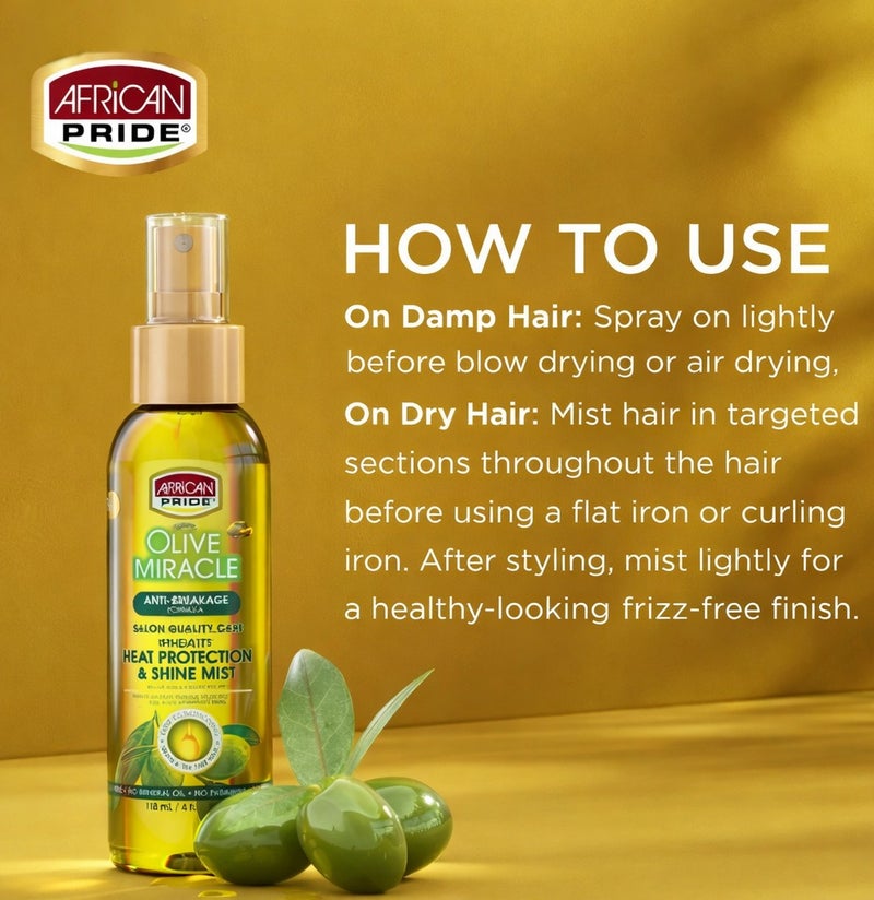 African Pride Olive Miracle Heat Protection & Shine Mist 118ml | Anti-Breakage Weightless Hair Mist with Olive Oil & Tea Tree Oil for Heat Styling, Frizz Control and Shine - Image 3