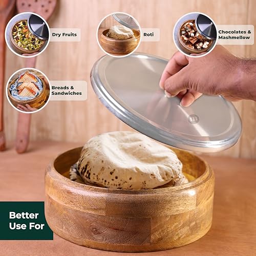 MARU Wooden Casserole Box for Roti/Chapati with Steel Lid & Knob – 3.5 Litres, Durable Mango Wood Hot Pot Keeps Food Warm & Fresh, Perfect for Every Kitchen & Dining Usage As Multipurpose Servings - Image 3