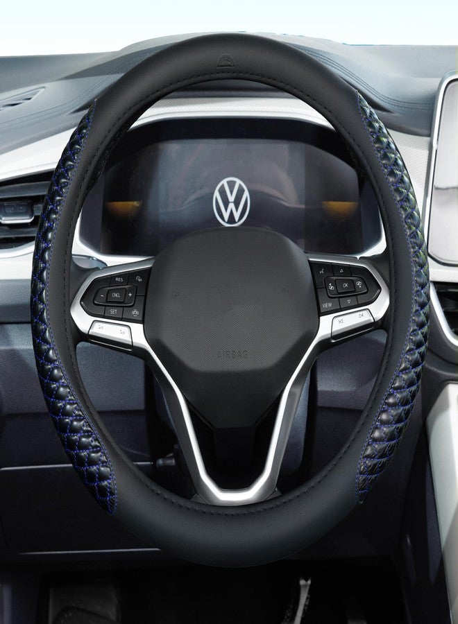 Coverado Car Steering Wheel Cover, Nappa Leather Black & Blueline Steering Wheel Covers, Universal 14-15 inch, Anti-Slip, Breathable Steering Wheel Protector for Women Men - Image 1