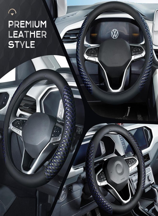 Coverado Car Steering Wheel Cover, Nappa Leather Black & Blueline Steering Wheel Covers, Universal 14-15 inch, Anti-Slip, Breathable Steering Wheel Protector for Women Men - Image 4