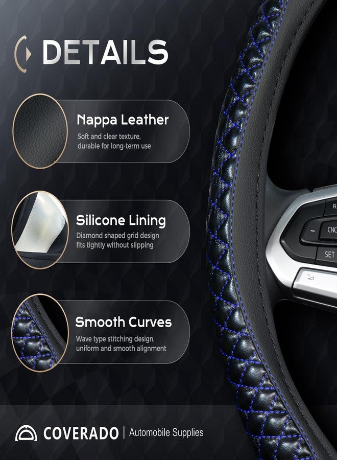 Coverado Car Steering Wheel Cover, Nappa Leather Black & Blueline Steering Wheel Covers, Universal 14-15 inch, Anti-Slip, Breathable Steering Wheel Protector for Women Men - Image 2