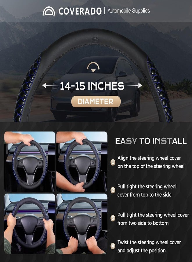 Coverado Car Steering Wheel Cover, Nappa Leather Black & Blueline Steering Wheel Covers, Universal 14-15 inch, Anti-Slip, Breathable Steering Wheel Protector for Women Men - Image 5