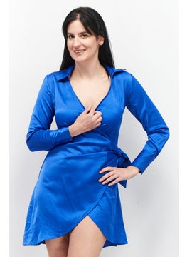 Women V-Neck Textured Long Sleeve Wrap Dress, Blue