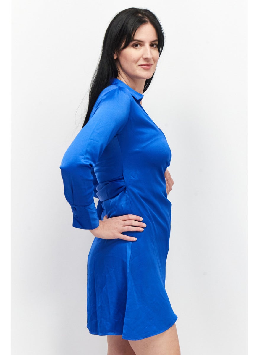 Sinsay - Women V-Neck Textured Long Sleeve Wrap Dress, Blue - Image 1