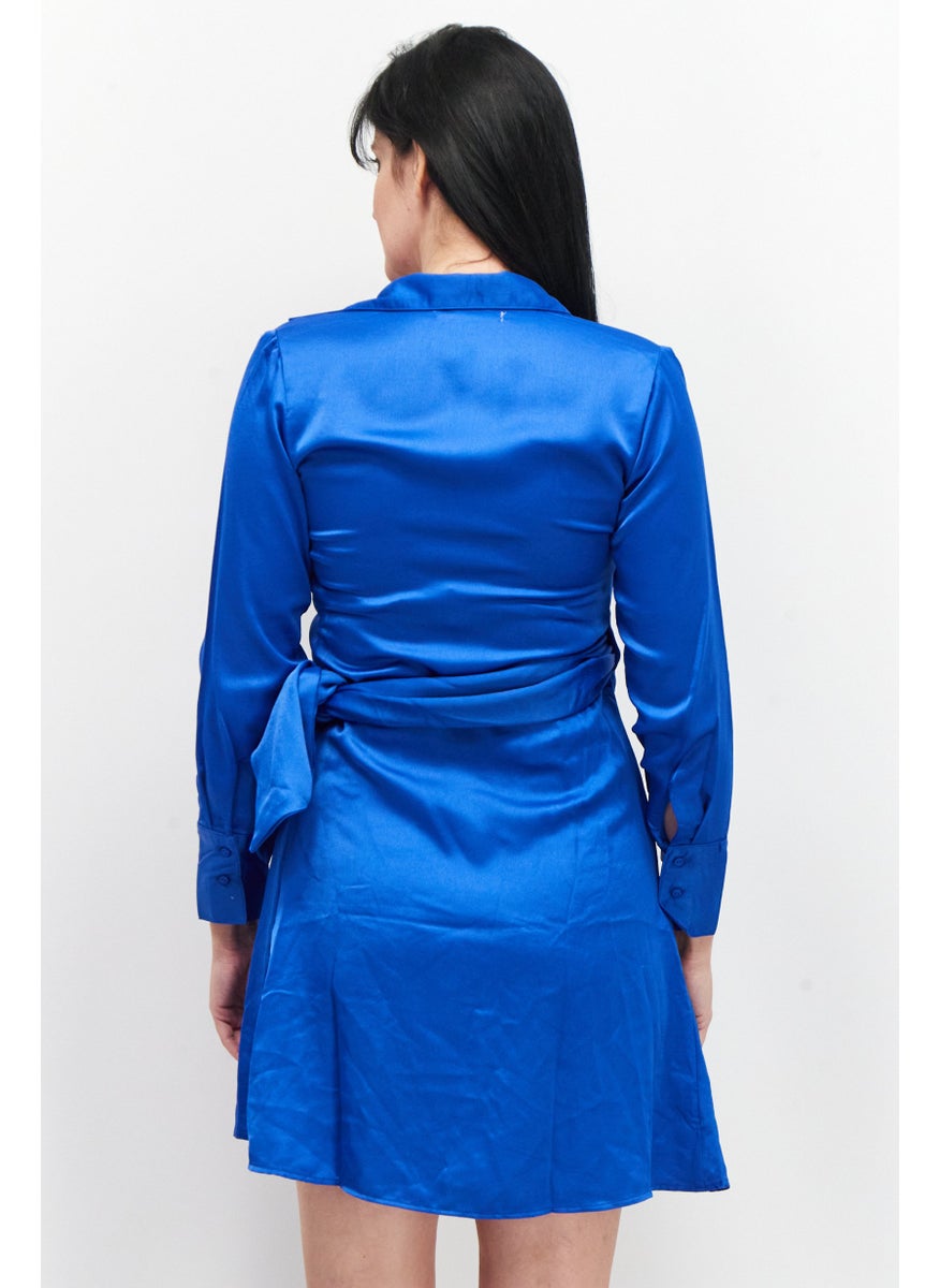 Sinsay - Women V-Neck Textured Long Sleeve Wrap Dress, Blue - Image 1