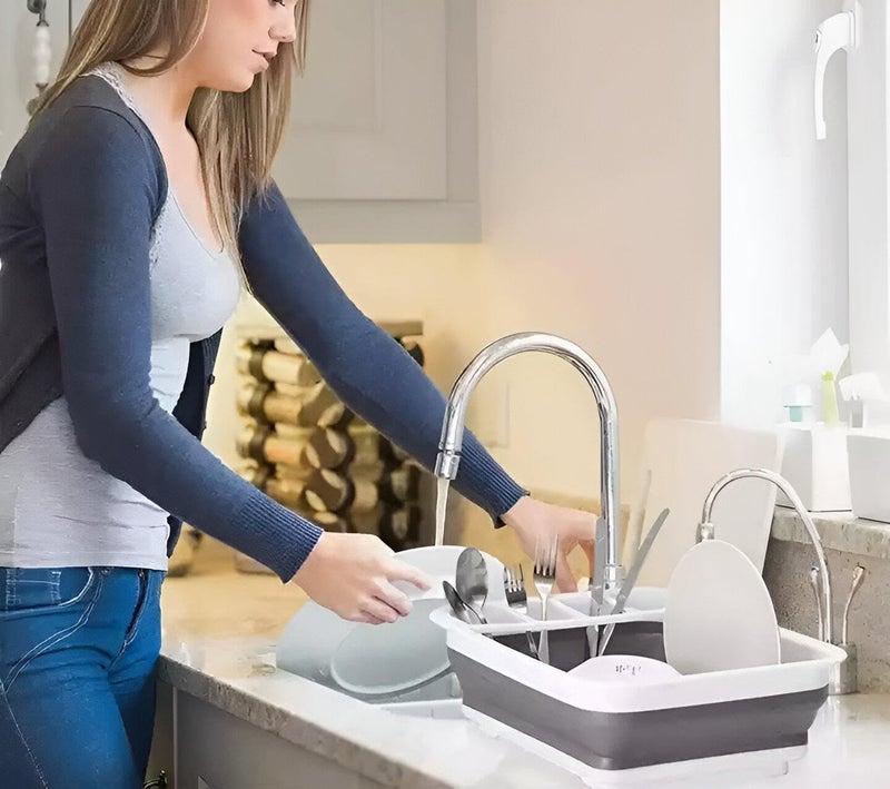 Drying Mat - Practical drain mat system designed for sink use with silicone grip and plastic frame, pairs with foldable rack to collect water while drying utensils, cups and bowls - Image 4