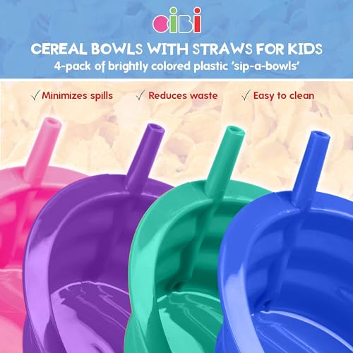 Cibi Cereal Bowls with Straws for Kids BPA-Free Plastic | Toddler Sip-A-Bowls with Built-In Straw for Cereal and Soup | Set of 4 Colorful Breakfast Bowls - Image 2