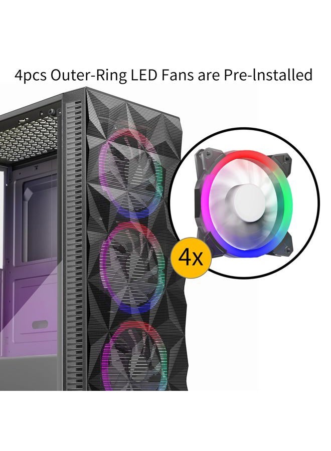 MOROVOL PC Case Pre-Install 4 RGB Fans, ATX Gaming Computer Case with Diamond-Shaped Mesh Front & Tempered Glass Side Panel, USB 3.0 Airflow Mid Tower case,621-B - Image 2