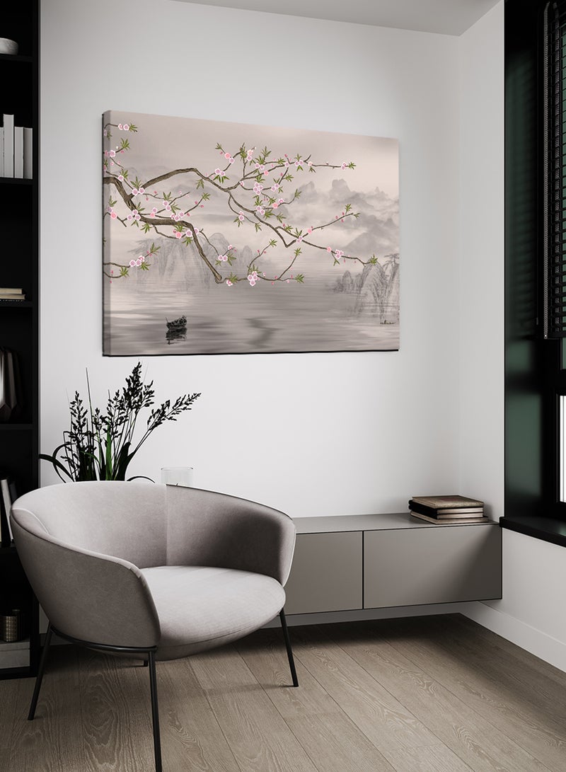 لوحة كانفاس على إطار خشبي بتصميم شجرة على البحيرة - Image 1