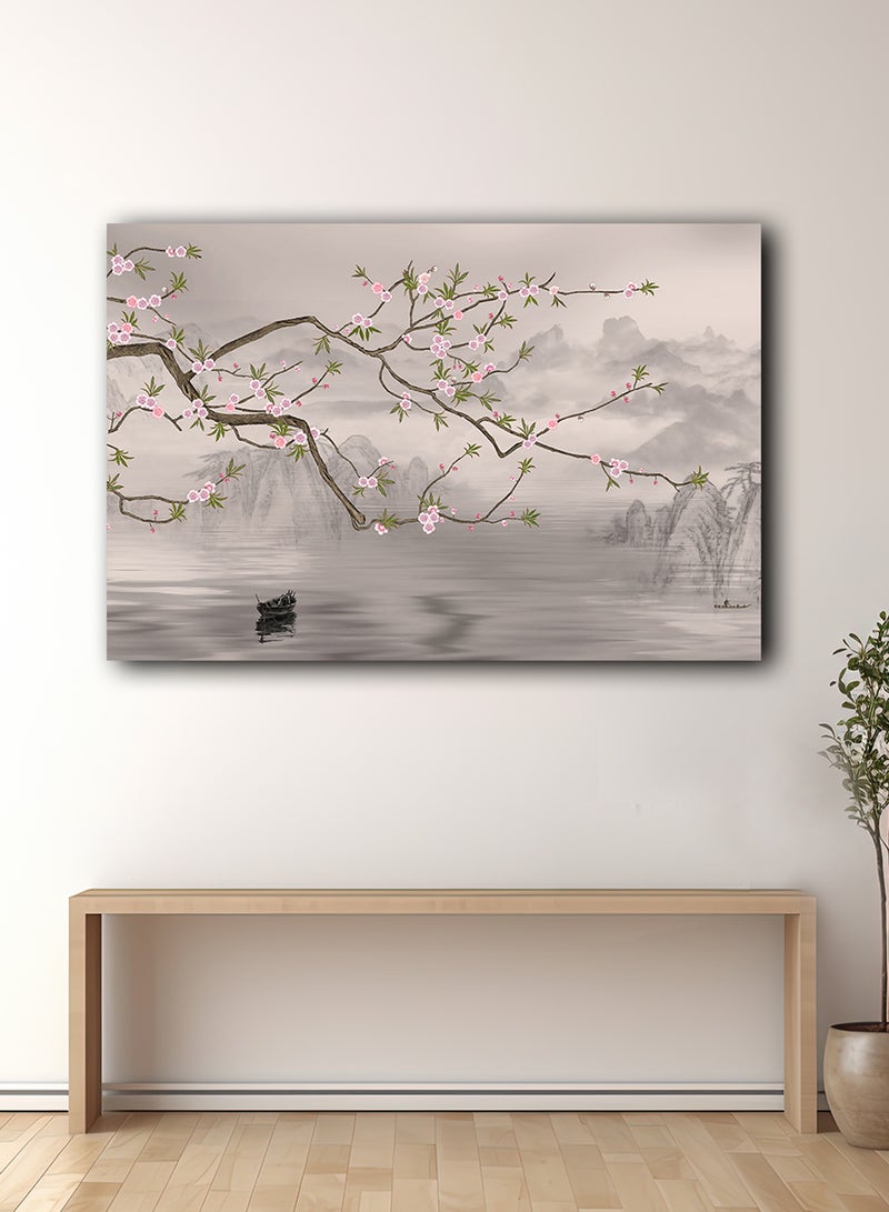 لوحة كانفاس على إطار خشبي بتصميم شجرة على البحيرة - Image 2