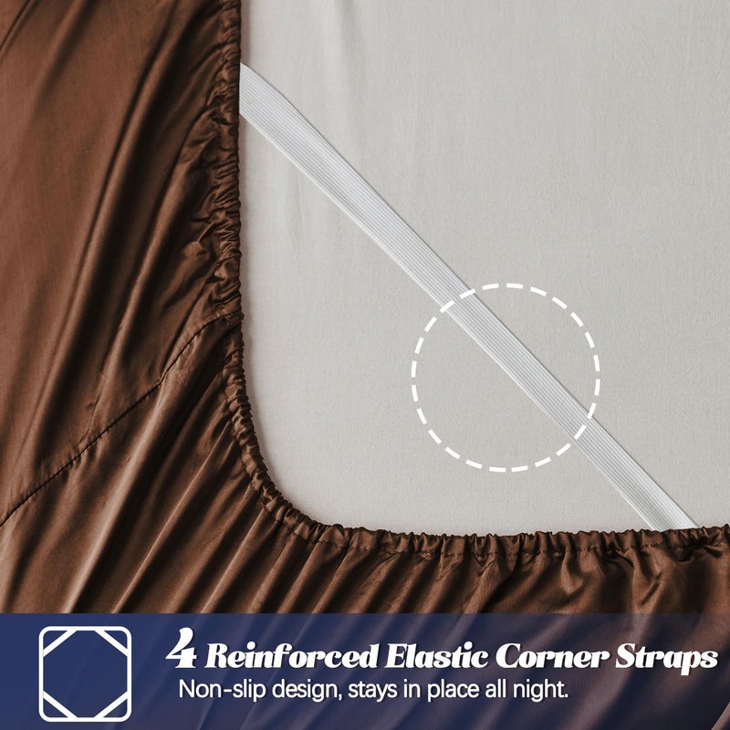 MR&HM MR&HM Satin Fitted Sheet Queen Size  Silky Bottom Sheet with Elastic Corner Straps  Deep Pocket up to 15 Inch  No More Slipping Off for Mattress - 1 Fitted Sheet Only (Brown)  - Image 3