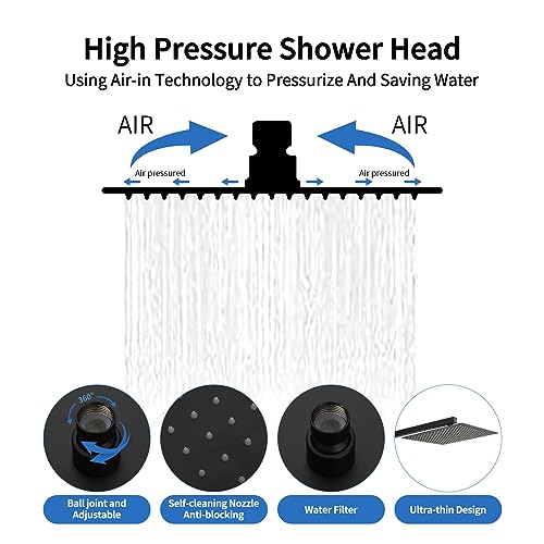 RUMOSE Matte Black Rainfall Shower System Fixture 12 Inch High Pressure Square Shower Head with 2 in 1 Handheld Spray Wall Mount Brass Bathroom Shower Faucet Set with cUPC Certified Rough-in Valve - Image 3