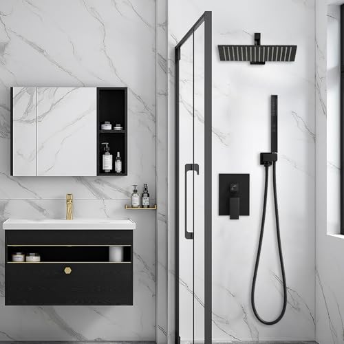 RUMOSE Matte Black Rainfall Shower System Fixture 12 Inch High Pressure Square Shower Head with 2 in 1 Handheld Spray Wall Mount Brass Bathroom Shower Faucet Set with cUPC Certified Rough-in Valve - Image 2
