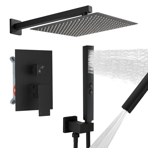 RUMOSE Matte Black Rainfall Shower System Fixture 12 Inch High Pressure Square Shower Head with 2 in 1 Handheld Spray Wall Mount Brass Bathroom Shower Faucet Set with cUPC Certified Rough-in Valve - Image 1