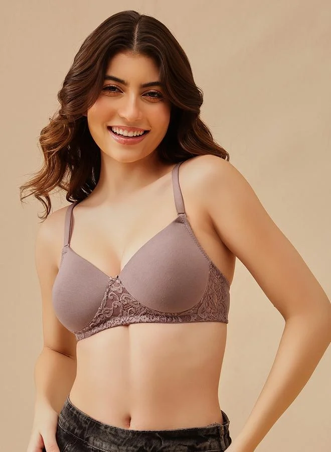 كلوفيا Purple Lace Detail Padded Non-Wired Full Coverage T-shirt Bra
