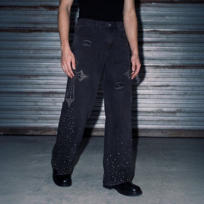 Men's Rhinestone Cross Distressed Jeans, Wide Leg Loose Fit - Image 2